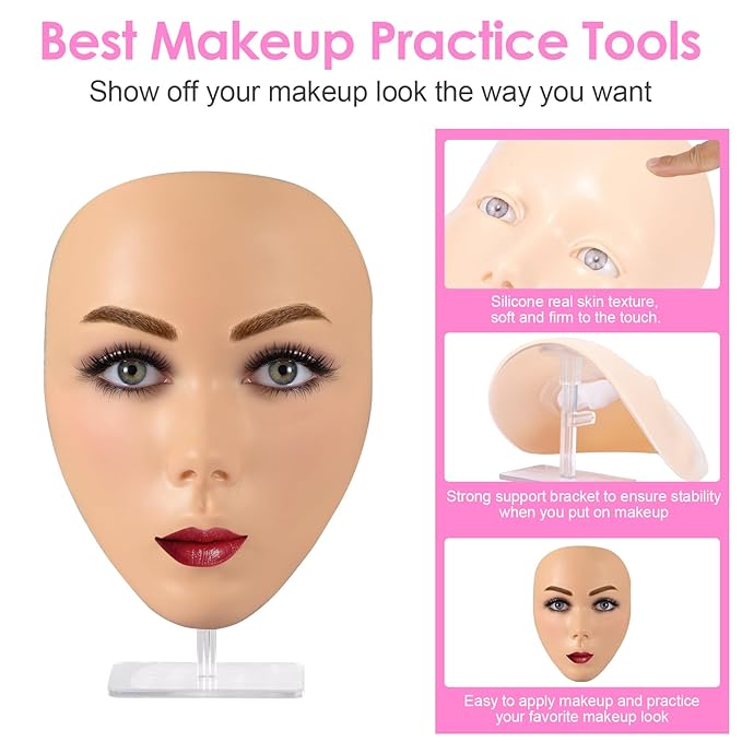 3D Makeup Practice Kit,Reusable Silicone Makeup Practice Face Board/Makeup Mannequin Face,with Makeup Brushes Set&Eyebrow Pencils&Eyelashes&a Makeup Bag&makeup remover towel&Eyeshadow&Lipstick-Velvo Beauty