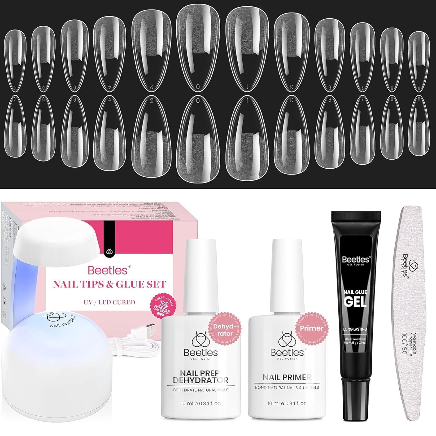 Beetles Gel Nail Kit Medium Almond with Nail Dehydrator and Primer, 576Pcs Half Matte Etch-X Gel Nail Tips Solid Nail Glue Mini Nail Lamp Acrylic Nail Tips Easy DIY Nail Extension Set Gift for Women-Velvo Beauty