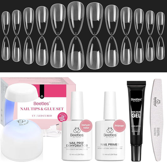 Beetles Gel Nail Kit Medium Almond with Nail Dehydrator and Primer, 576Pcs Half Matte Etch-X Gel Nail Tips Solid Nail Glue Mini Nail Lamp Acrylic Nail Tips Easy DIY Nail Extension Set Gift for Women-Velvo Beauty