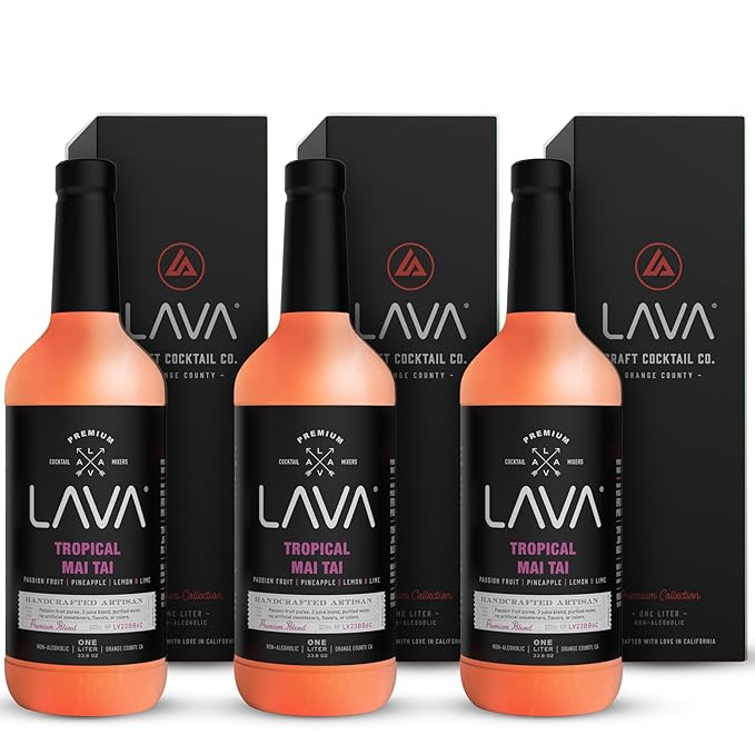 (3 Pack) LAVA Premium Tropical Mai Tai Cocktail Mix made with real passion fruit, pineapple, lemon and lime, no artificial sweeteners, 1-Liter (33.8oz) Glass Bottle, Ready to Use.-Velvo Beauty
