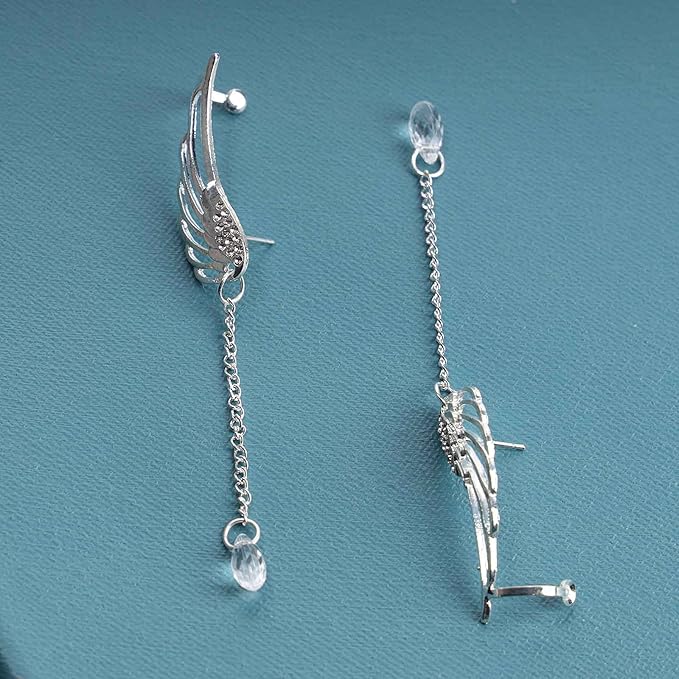 Boho Rhinestone Wing Ear Climbers Earrings Silver Crystal Drop Earring Chain Dangle Earrings Angel Wing Wrap Earrings Jewelry for Women and Girls Gifts-Velvo Beauty