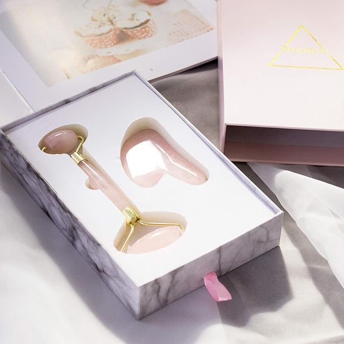 Rose Quartz Face Roller and Gua Sha Set - Face Roller Skin Care - Jade Roller and Gua Sha and Jade Roller for Face Rollers for Women Gifts - Rose Quartz Roller for Face Massage Roller DiviniTi-Velvo Beauty