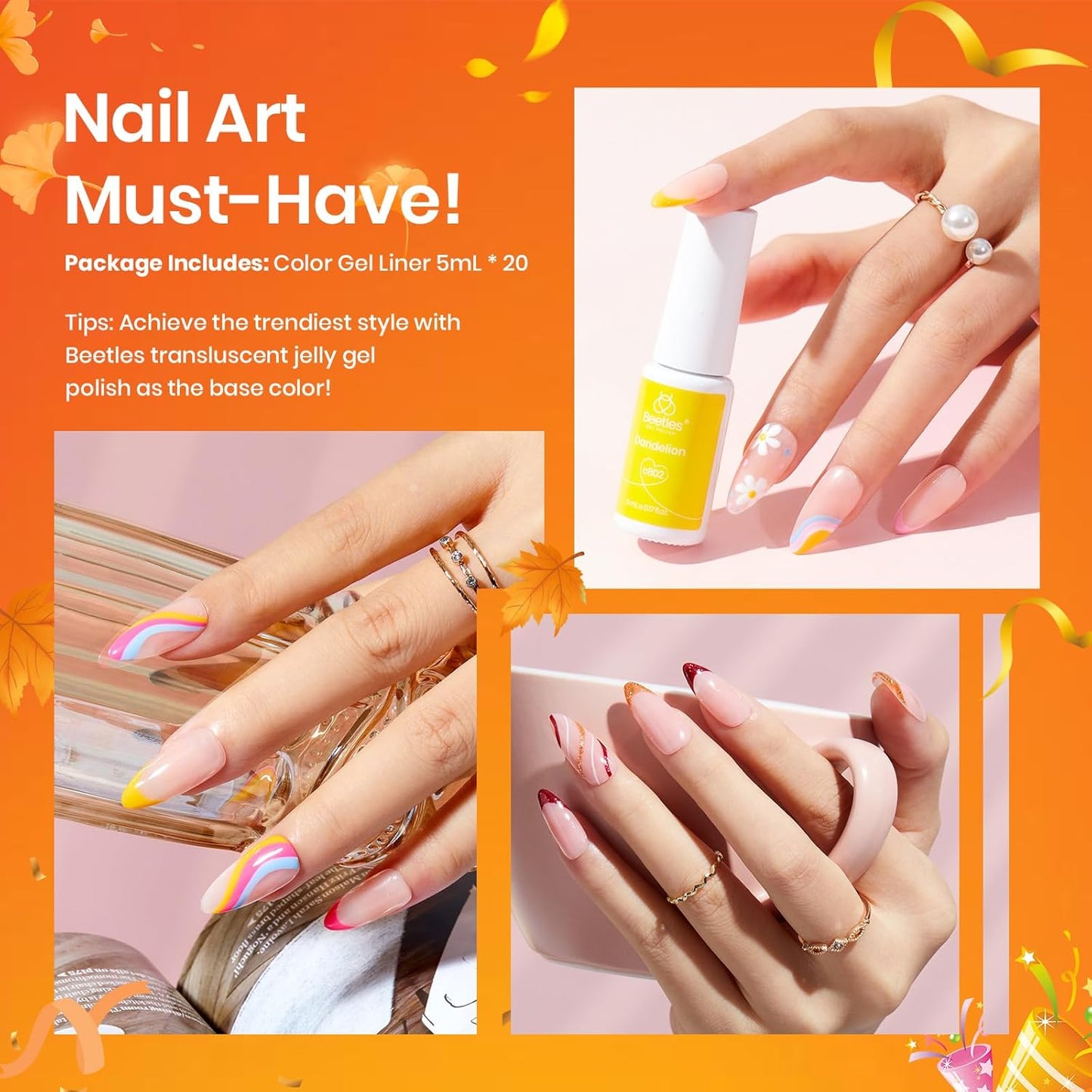 Beetles French Tip Gel Liner Nail Polish Set- 20 Colors Nail Art Polish Brown Glitter Pink Blue White Red Purple Swirl Gel Nails Polish Nails Art Painted Build in Thin Brush Manicure Gifts for Women-Velvo Beauty