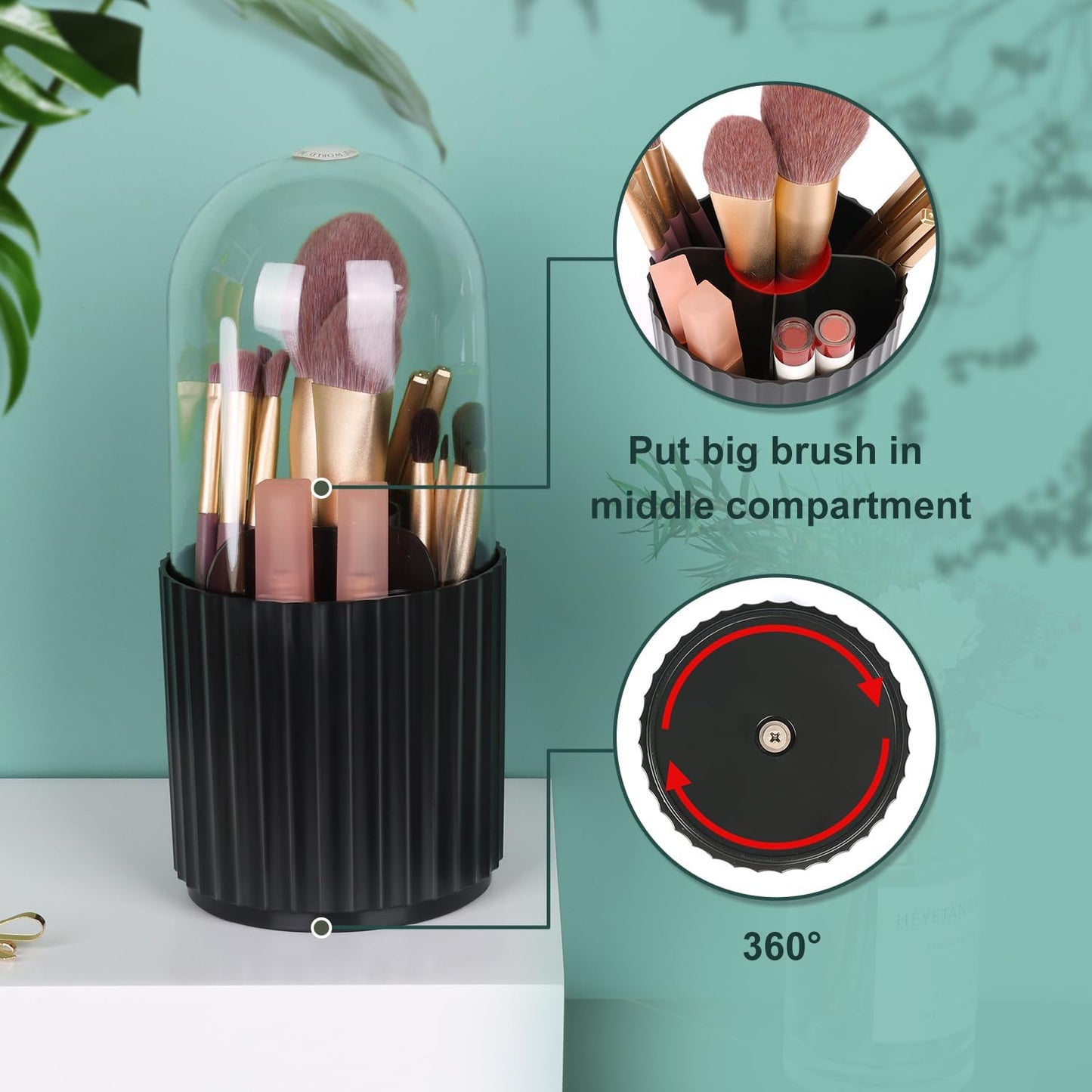 JessLab Makeup Brush Holder Organizer with Lid, 360 Degree Rotatable Spinning Cosmetics Holder Display for Bathroom Vanity Countertop, Black-Velvo Beauty