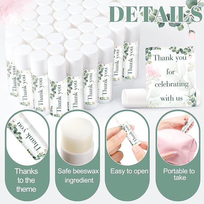 Demissle 40 Pcs Lip Balms with Jasmine Scent and Green Leaves - Moisturizing Gift for Wedding, Baby Shower, Gender Reveal Party-Velvo Beauty