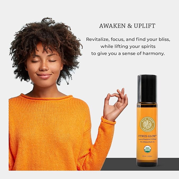 Silk Road Organic Citrus Glow Essential Oil Revive Blend Roll On, 100% Pure USDA Certified Citrus & Vanilla - Uplifting, & Energizing - 10 ml Roller - Always Pure, Always Organic-Velvo Beauty