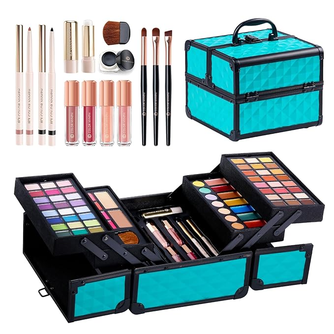 Color Nymph All In One Makeup Kit Comestics Gifts for Girls Teens, Travel Makeup Set 4 Trays Train Case for Beginner Includes Eyeshadow Highlighter Lipgloss Blush Concealer Brush Eyeliner Lipbalm-Velvo Beauty