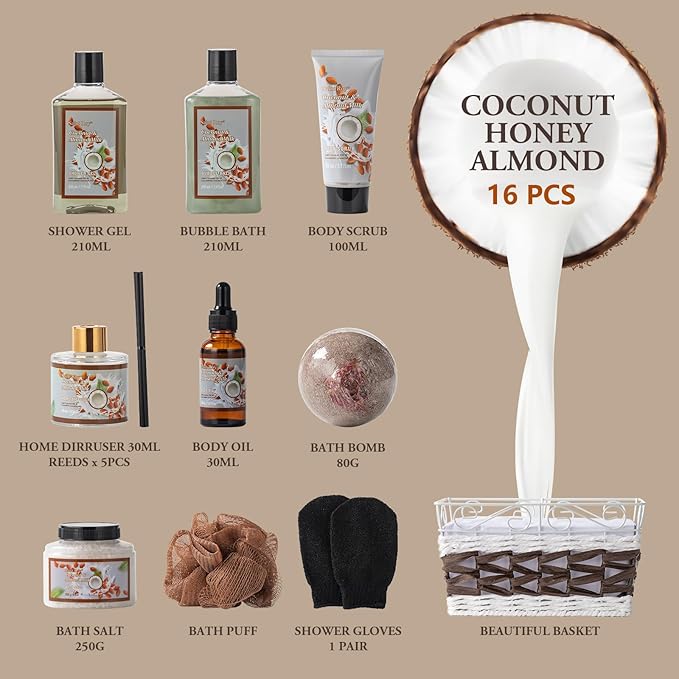 Fathers Day Gifts for Men for Dad Bath and Body Gift Basket For Women & Men Spa Gift Basket Coconut Almond 16 Pcs Bath Gift Set With Fragrant Lotion, Home Spa Luxurious Bath Body Oil, Diffuser & More-Velvo Beauty