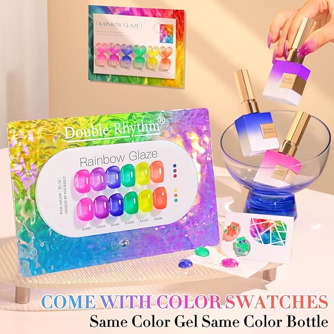 Double Rhythm 6 Pcs 15 ML Gel Polish Set Same Color Same Bottle Soak Off Jelly Neon Gel Polish Kit Nail Art Manicure Salon DIY at Home (Pink Purple Blue Green Yellow Green-T6-50)-Velvo Beauty