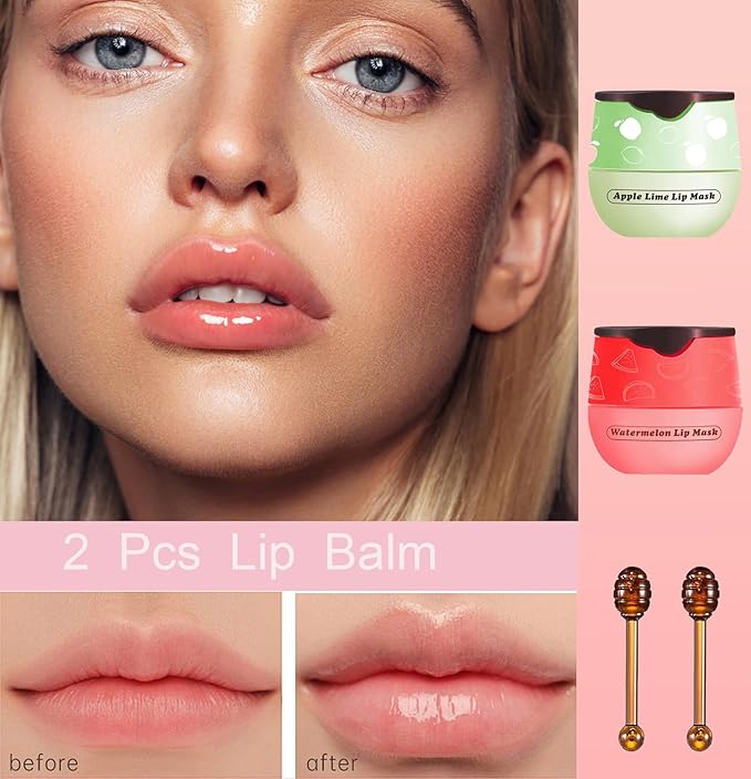 2 PCS Bee Lip Balm Honey Pot, Watermelon Apple Bee Lip Balm Sleeping Lip Mask Overnight with Sticks, Honey Pot Lip Balm Hydrating Exfoliating Prevention Dry and Crack Lip Scrubs-Velvo Beauty