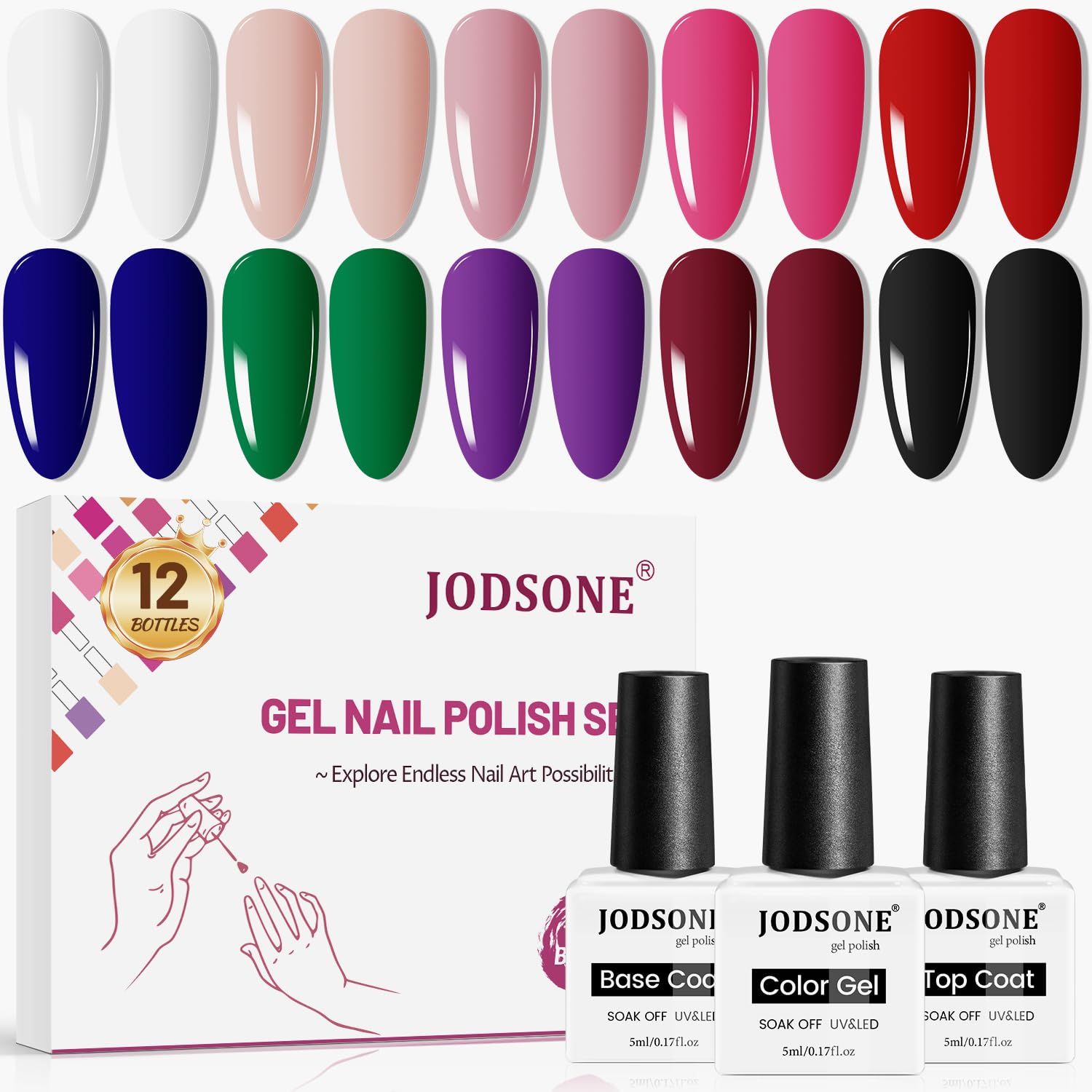 JODSONE 12 Bottles Gel Nail Polish Set Base Coat Glossy Top Coat Fast Drying Long Lasting Soak Off Wipe Free-Velvo Beauty