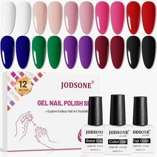 JODSONE 12 Bottles Gel Nail Polish Set Base Coat Glossy Top Coat Fast Drying Long Lasting Soak Off Wipe Free-Velvo Beauty