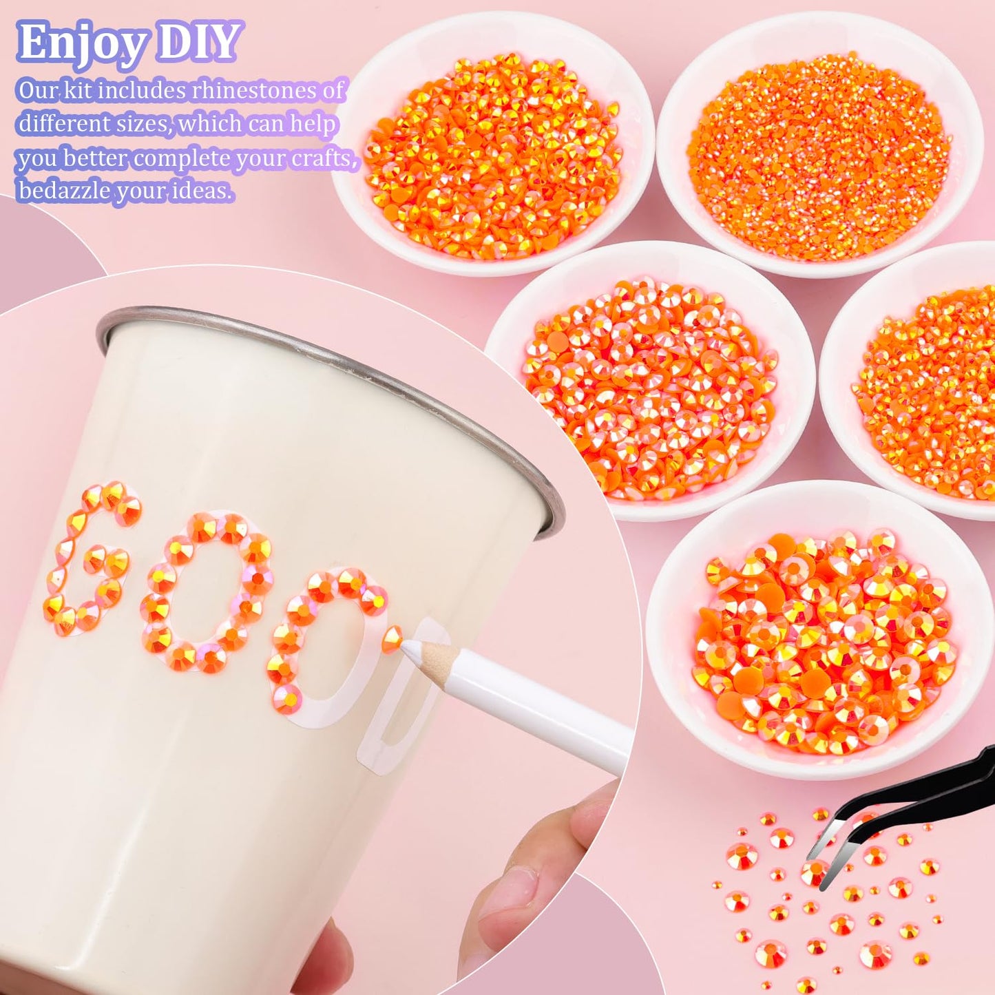 25000Pcs Resin Rhinestones with Tweezers for Crafting, Orange AB 2-6mm Mixed Sizes Non Hotfix Flatback Gems, Bedazzling Crystal for DIY Craft Clothing Mugs Tumblers Shoes Fabric Decor Nail Art-Velvo Beauty