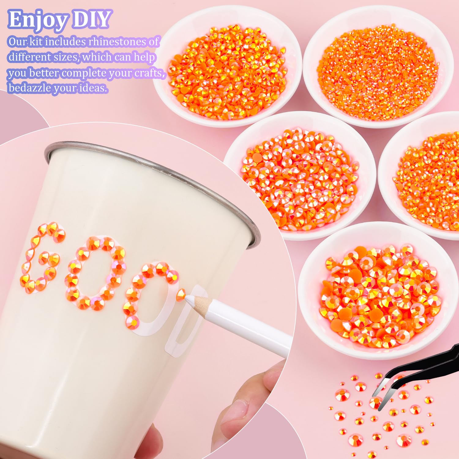 25000Pcs Resin Rhinestones with Tweezers for Crafting, Orange AB 2-6mm Mixed Sizes Non Hotfix Flatback Gems, Bedazzling Crystal for DIY Craft Clothing Mugs Tumblers Shoes Fabric Decor Nail Art-Velvo Beauty