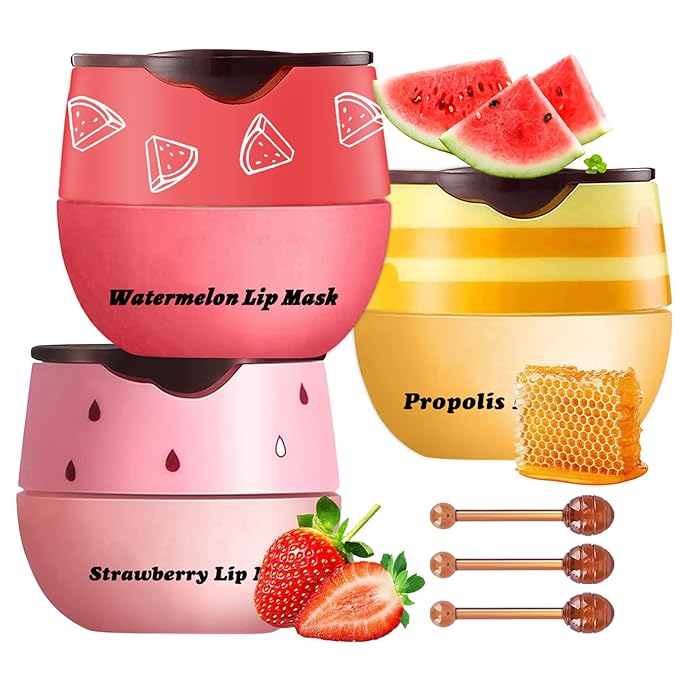 3 Pcs Honey Lip Balm, Bee Lip Balm Honey Pot,Moisturizing Lip Mask Overnight,Hydrate Repair Prevent Dry Cracked Lip Care (Honey+Strawberry+Watermelon)-Velvo Beauty