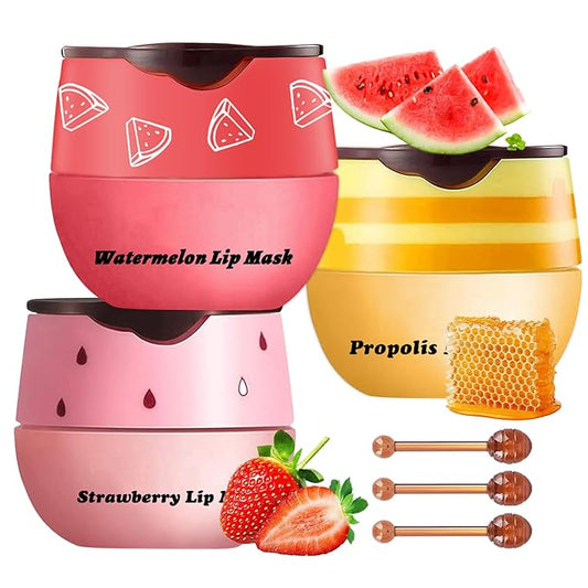 3 Pcs Honey Lip Balm, Bee Lip Balm Honey Pot,Moisturizing Lip Mask Overnight,Hydrate Repair Prevent Dry Cracked Lip Care (Honey+Strawberry+Watermelon)-Velvo Beauty