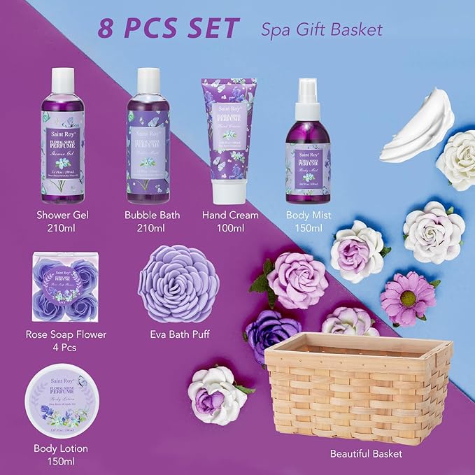 Mother's Day Gifts for Mom Gift Basket for Women, Luxury 11Pcs Floral Perfume Scents Bath and Body Home Spa Gift Kit with Bubble Bath, Body Lotion, Self Care Gifts Basket for Her, Birthday Gifts-Velvo Beauty