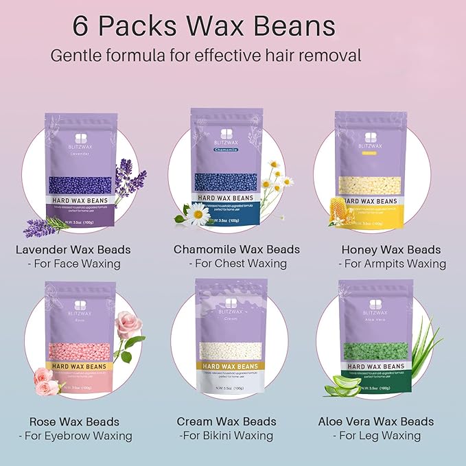 BLITZWAX Brazilian and Bikini Waxing Kit for Women, Hard Wax Warmer for Face, Legs and Body, At Home Hair Removal Kit, Beginner Friendly, Quick Heating, Pink and Blue Gradient Color-Velvo Beauty