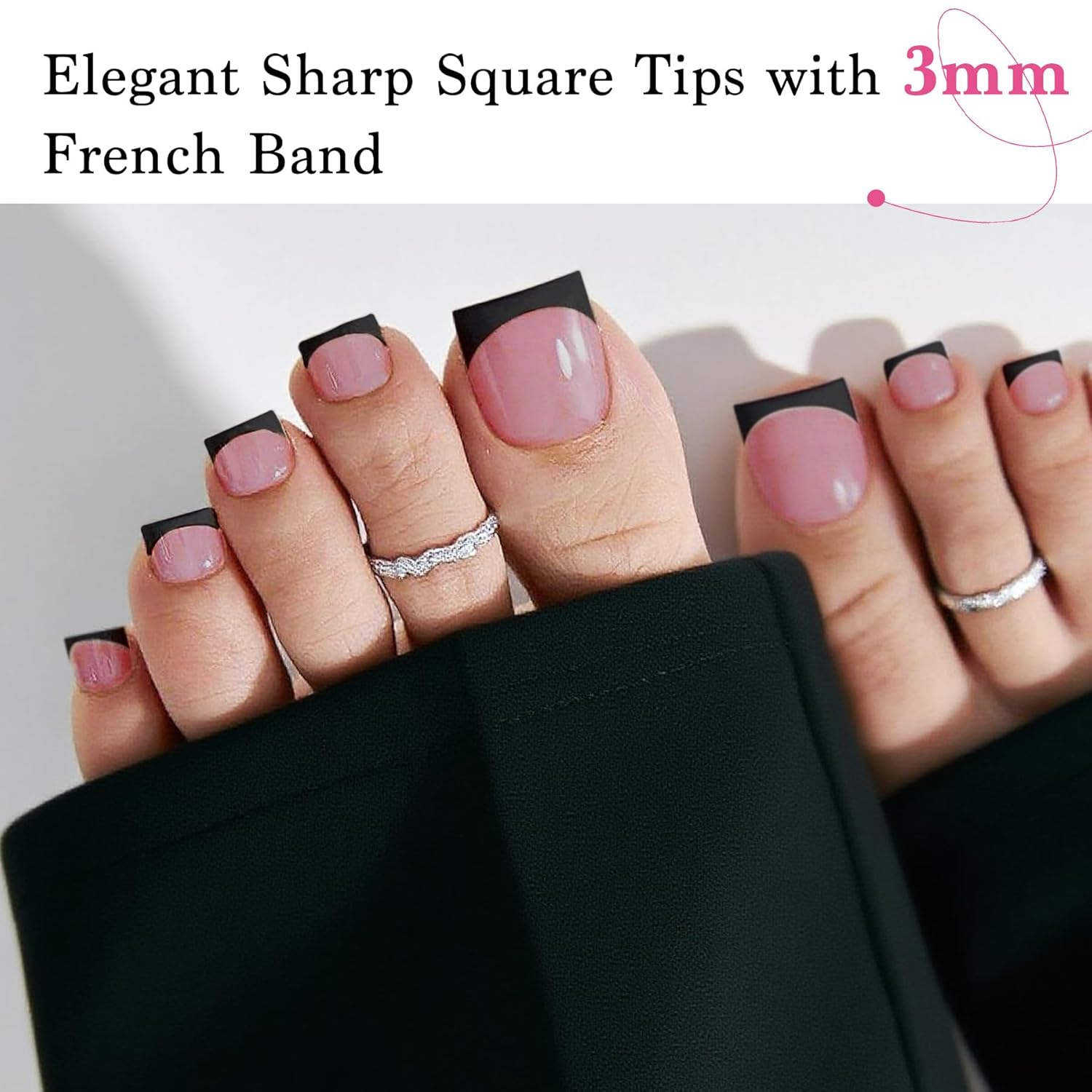 Toenail Press Ons French Tip, Berry Pink Black Elegant False Toe Nail Extension 15 Sizes 270 Pcs Sharp Square Acrylic Tips Pre-applied Nail Primer & Base Coat Full Cover for DIY Home 2025 Summer-Velvo Beauty