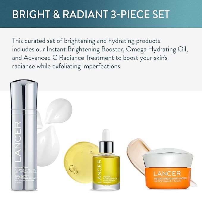 Lancer Skincare Bright & Radiant 3-Piece Set with Instant Brightening Booster, Omega Hydrating Oil, and Advanced C Radiance Treatment for Glowing Skin-Velvo Beauty