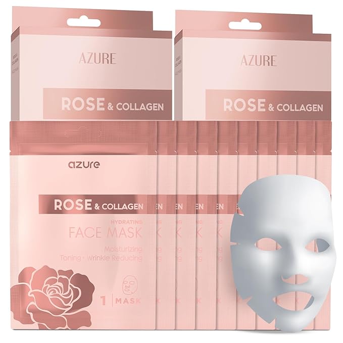 AZURE Rose & Collagen Hydrating Facial Sheet Mask - Toning, Lifting & Deeply Moisturizing - Reduces Fine Lines & Wrinkles, Reduces Signs of Aging & Dry Patches - Skin Care Made in Korea - 10 Pack-Velvo Beauty