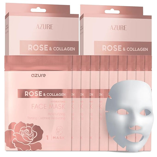 AZURE Rose & Collagen Hydrating Facial Sheet Mask - Toning, Lifting & Deeply Moisturizing - Reduces Fine Lines & Wrinkles, Reduces Signs of Aging & Dry Patches - Skin Care Made in Korea - 10 Pack-Velvo Beauty