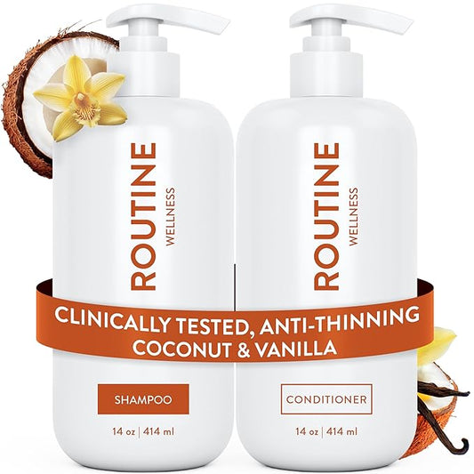 Routine Wellness Anti-Thinning Shampoo and Conditioner Set for Thinning Hair - Biotin DHT Blocker Women & Men - Color Safe Shampoo for Hair Loss & Healthier Hair - Coconut & Vanilla (Pack of 2)-Velvo Beauty
