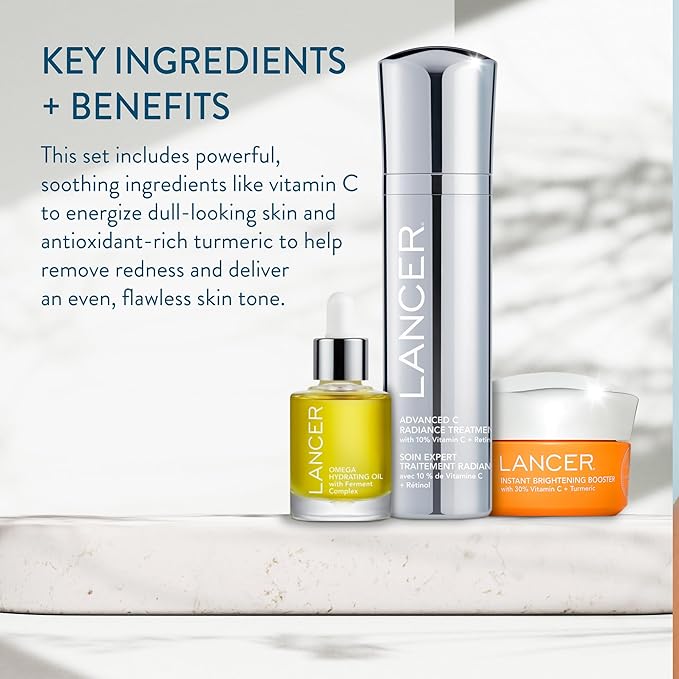 Lancer Skincare Bright & Radiant 3-Piece Set with Instant Brightening Booster, Omega Hydrating Oil, and Advanced C Radiance Treatment for Glowing Skin-Velvo Beauty