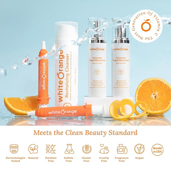 White Orange Full System 3 Step Skincare Routine Premium Anti-Aging Regimen Bundle For Healthy Glowing Skin - Revitalizing Cleanser, Advanced Vitamin C Serum & Universal Tinted Moisturizer with SPF 44-Velvo Beauty