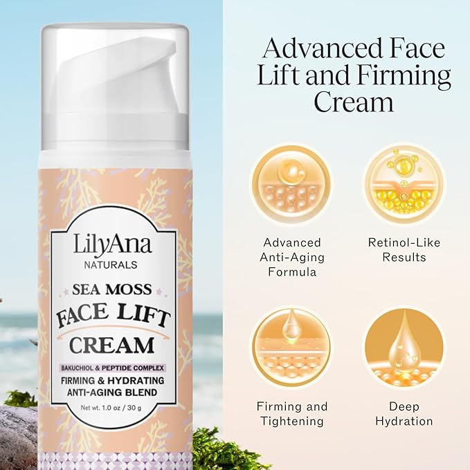 LilyAna Naturals Bakuchiol Face Lift Cream with Sea Moss and Peptide Complex - Face Cream for Women - Moisturizing and Lifting Facial Cream - Anti-Aging Overnight Moisturizer - Made in the USA - 1 oz-Velvo Beauty