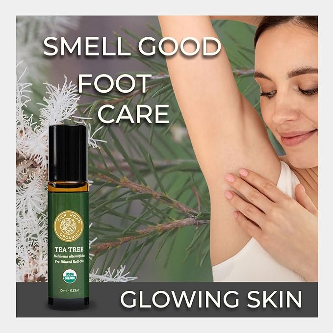 Silk Road Organic Tea Tree Essential Oil Roll On, 100% Pure USDA Certified – Healthy Skin, Toenails, Feet, Body Odor - 10 ml Roller - Always Pure, Always Organic-Velvo Beauty