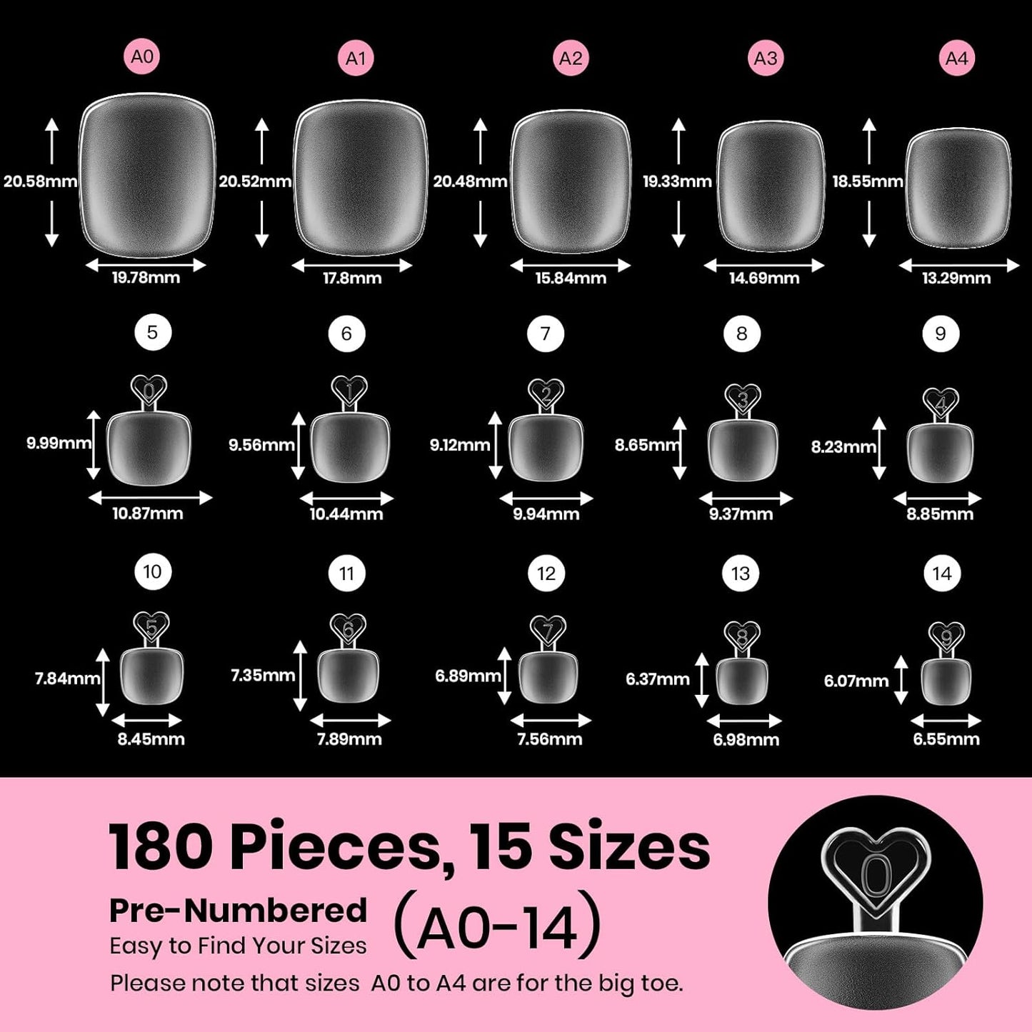 Beetles Toe Nail Tips Square for Big Toes - 15 Sizes 180 Pcs Long Wider Full Cover Toenail Tips Fake Acrylic Pre-etched Double Matte Nail Extensions, Press on Toe Nails for Wide Nail Beds-Velvo Beauty