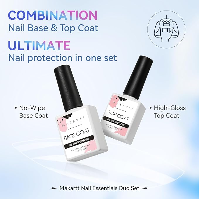 Makartt 2 Pcs Gel Top Coat and Base Coat Set - No Wipe Shine Finish Soak Off Base Top Coat Long Lasting for Gel Nail Polish, LED UV Lamp Need, Salon Quality Nail Manicure Gifts, 10ML-Velvo Beauty
