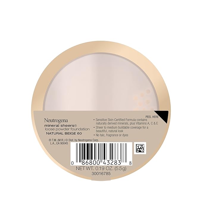 Neutrogena Mineral Sheers Lightweight Loose Powder Makeup Foundation with Vitamins A, C, & E, Sheer to Medium Buildable Coverage, Skin Tone Enhancer, Face Redness Reducer, Natural Beige 60,.19 oz-Velvo Beauty