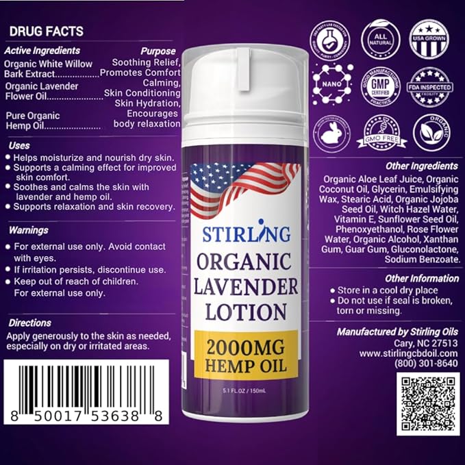 STIRLING Lavender Lotion – Organic Lavender with 2000mg Hemp Oil, Aloe Vera, and Vitamin E – Nourishing and Moisturizing Body Lotion for a Soft and Smooth Feel-Velvo Beauty
