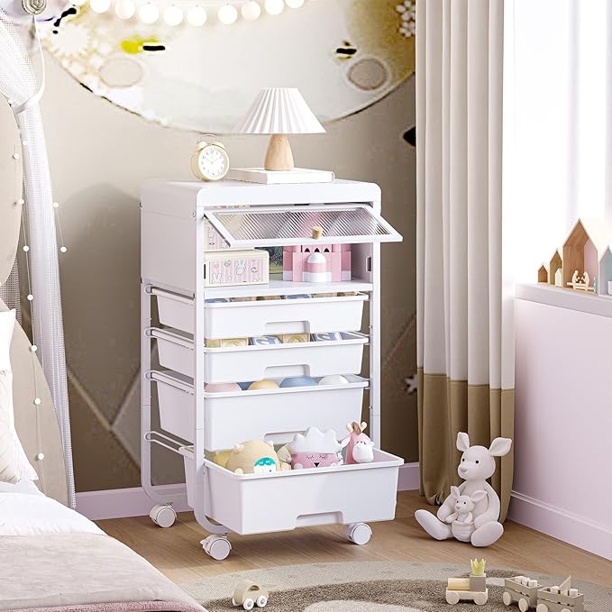 Utility-Rolling-Storage-Drawer-Craft-Cart-Organizers with 4 Drawers & Dust-proof Door for Kid Craft Art Room,Bedroom,Home Office, Craft Drawer cart, Classic White-Velvo Beauty