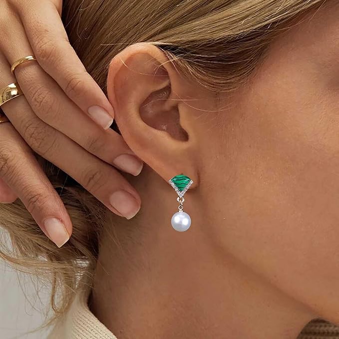 Vintage Cz Emerald Pearl Earrings Gold Pearl Drop Earrings Triangle Emerald Earrings Geometric Emerald Stud Earrings Jewelry for Women and Girls-Velvo Beauty