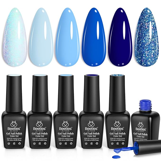 Beetles Blue Gel Nail Polish,6 Colors Baby Blue Glitter Aquarius Holy Water Collection Fall Winter Gel Polish Soak off Uv Led Lamp Nail Art Manicure Gifts for Women-Velvo Beauty