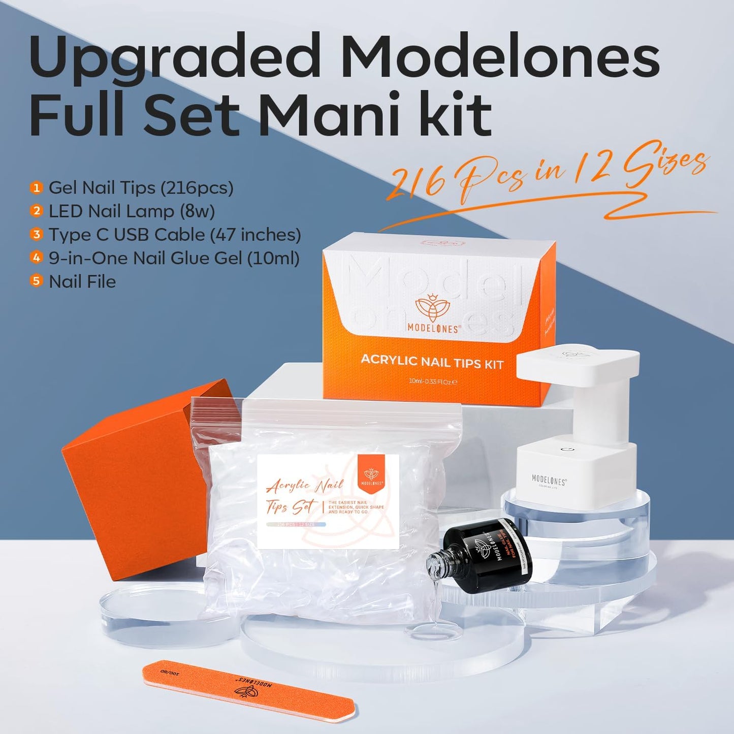 modelones Medium Almond Gel Nail Tips Kit, 9-in-One Nail Glue with Portable U V Lamp 216Pcs 12Sizes Pre-Etched Press ons Fake Acrylic Extension Kit DIY Salon Gift for Women-Velvo Beauty