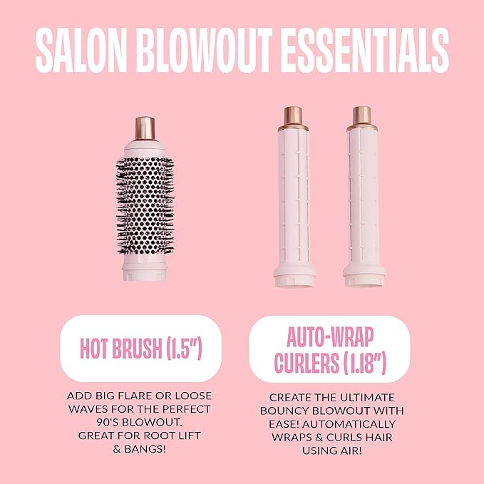 FoxyBae Super Styler Pro Interchangeable 5 in 1 Hair Styler Wand Curling Iron Set - w/Drying Cylinder, Ceramic Blowout & Round Brushes, 2 Auto-Wrap Curlers - Frizz-Free, Smooth Hair [Blush]-Velvo Beauty