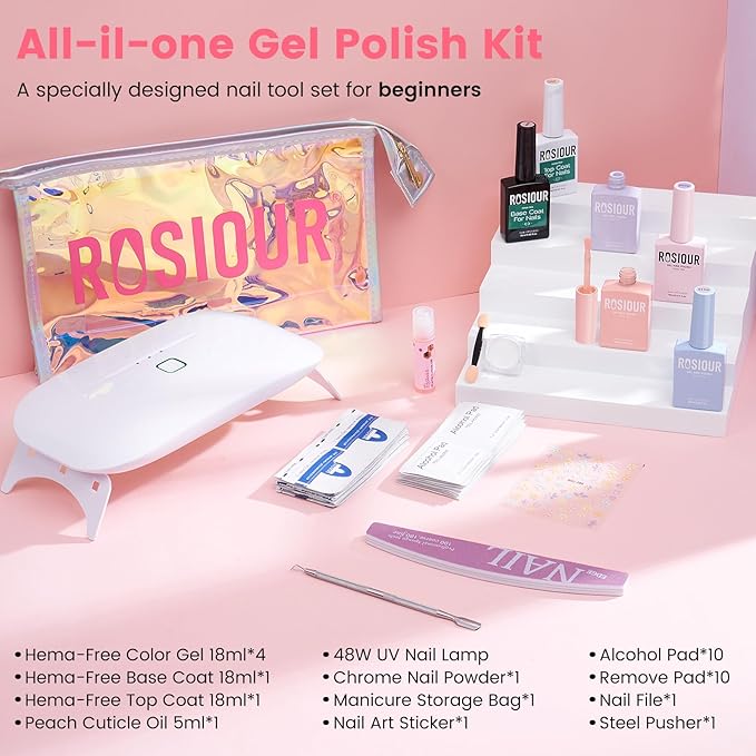 Gel Nail Polish Kit with U V Light, Hema-Free Light Baby Pink Blue Purple Nude Pink Summer Gel Polish Set with Base & Top Coat Chrome Nail Powder, 4 Colors Mini Salon Nail Art Starter Gift for Women-Velvo Beauty
