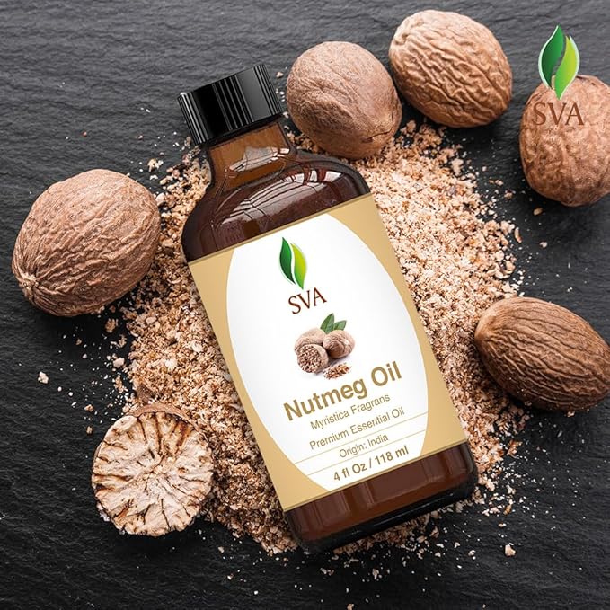 SVA Nutmeg Essential Oil – 4 Fl Oz – 100% Natural Nutmeg Oil - for Diffuser, Hair Care, Face, Skin Care, Aromatherapy, Scalp and Body Massage, Soap and Candle Making – with Dropper-Velvo Beauty