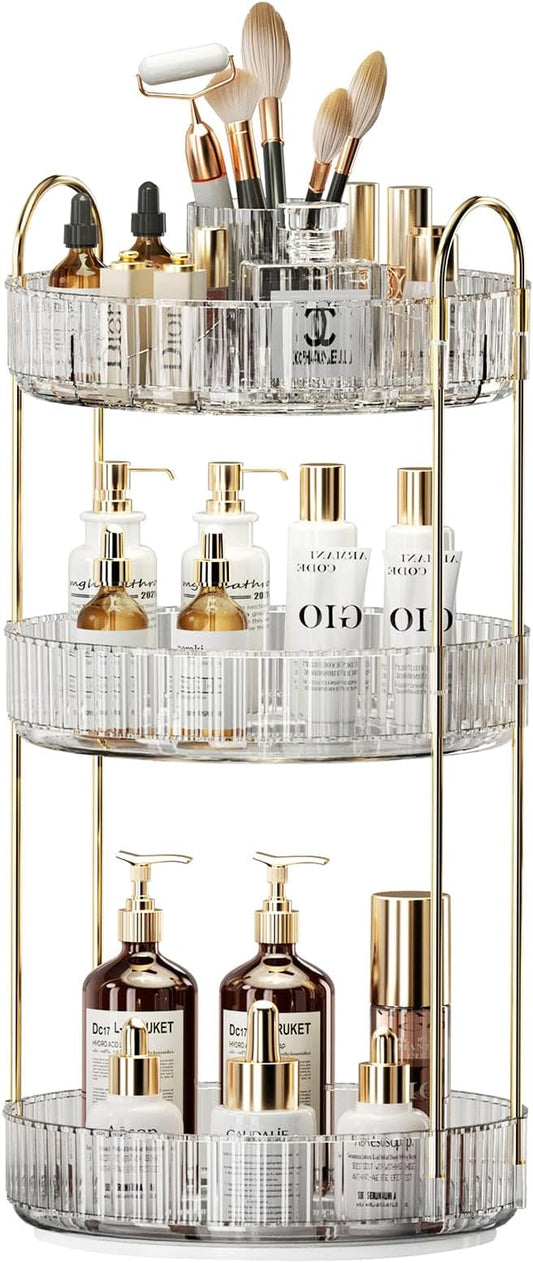 360° Rotating Makeup Organizer, Large-Capacity Skincare Make Up Storage 3 Tier Perfume Organizers Cosmetic Dresser Organizer with Makeup Brush Holder, Fits Bedroom, Bathroom, Vanity Shelf Countertop-Velvo Beauty
