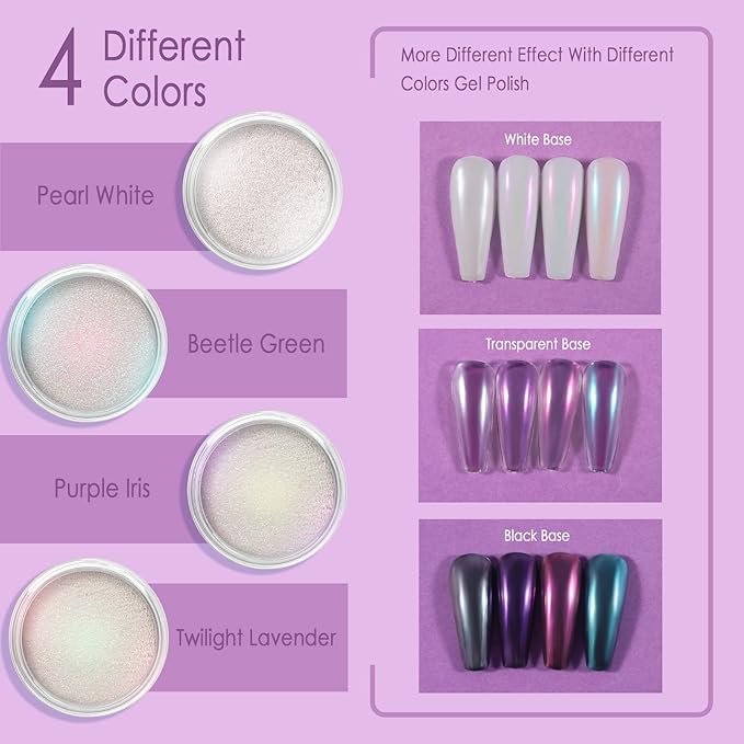 Allstarry Chrome Nail Powder 4 Colors Iridescent Aurora Powder Metallic Mirror Effect Pigment Pearlescent Mermaid Glitter Unicorn Glitter for Nail Art Manicure Decoration Home DIY Salon - Ice Series-Velvo Beauty