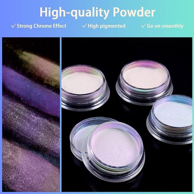 Allstarry White Chrome Nail Powder, 4 PCS Color-Shift Chameleon Mica Powder Pearlescent Pearl Pigment Aurora Chrome Effect Glitter Dust Iridescent for Gel Polish Nail Art Decoration, Resin Craft-Velvo Beauty