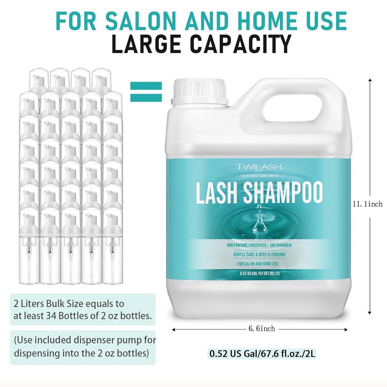 Lash Shampoo Bulk, Eyelash Cleanser for Extensions 2 Liters, Dispenser Pump, Safe Makeup Remover, Non-irritating or Burning Eyelid Foaming Cleanser for Professional Salon and Home Use (Unscented-2L)-Velvo Beauty