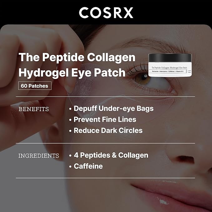 COSRX Under Eye Mask, Peptide Collagen Hydrogel Eye Patch for Puffy Eyes and Dark Circles, 60 Under Eye Patches, Korean Skin Care-Velvo Beauty