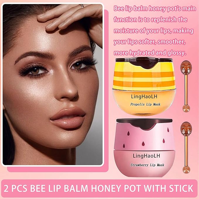 2PCS Bee Lip Balm,Hydrating Honey Pot Lip Balm with Stick,Non-Greasy Silky Sleeping Lip Mask Set,Long Lasting Lip Scrubs Moisturizer for Dry Cracked Lips（Honey ＋Strawberry）-Velvo Beauty
