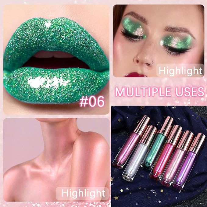 GECOMO Colorful Explosive Pearlescent Lip Gloss 3D Multifunctional Fine Glitter Chameleon Lip Gloss Polarized Diamond Makeup,Magic Big Brush Color Changing Lip Oil(106# COLORFUL GREEN FLASH)-Velvo Beauty