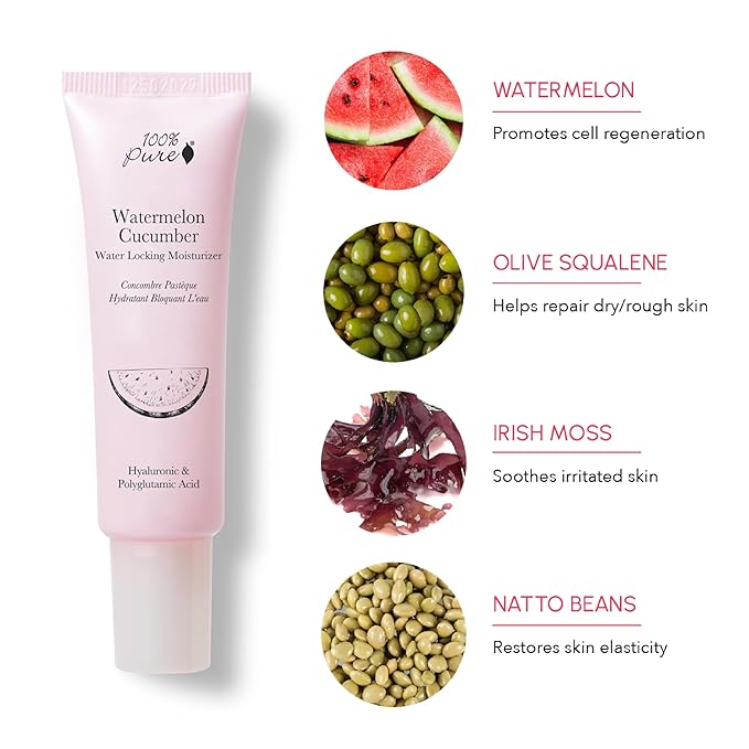 100% PURE Watermelon Cucumber Water Locking Moisturizer Natural Facial Hydration Boost with Hyaluronic Acid Replenishing Anti Aging Face Cream & Quenching Dry Skin Care Vegan - 1.4 fl oz-Velvo Beauty